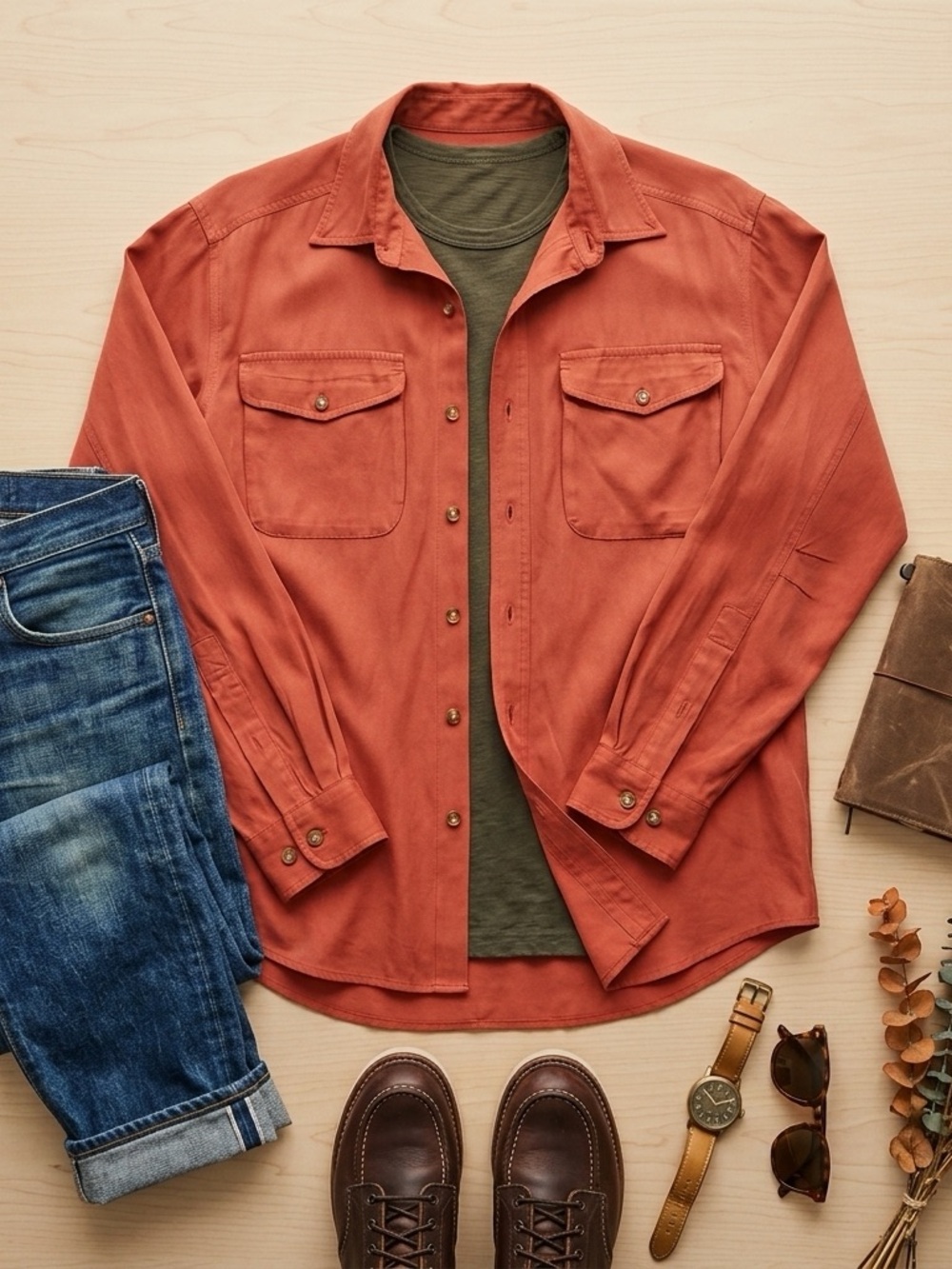 TravelSmith Rust Orange Silk Cotton Blend Utility Camp Shirt Long Sleeve Mens M